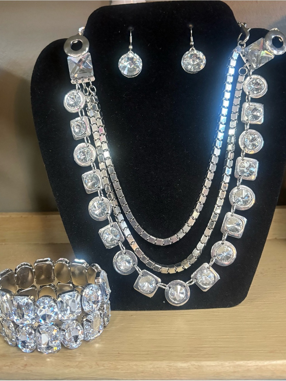 Silver Crystal Multi-Layer Necklace & Bracelet Set